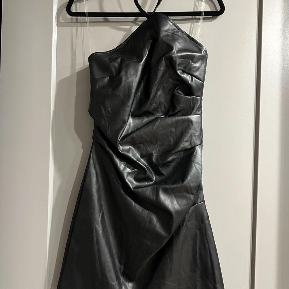 Black Faux Leather Halter Dress